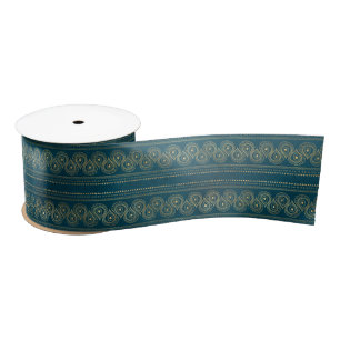Boheem Turquoise en Goud Folie Pauw Patroon Satijnen Lint