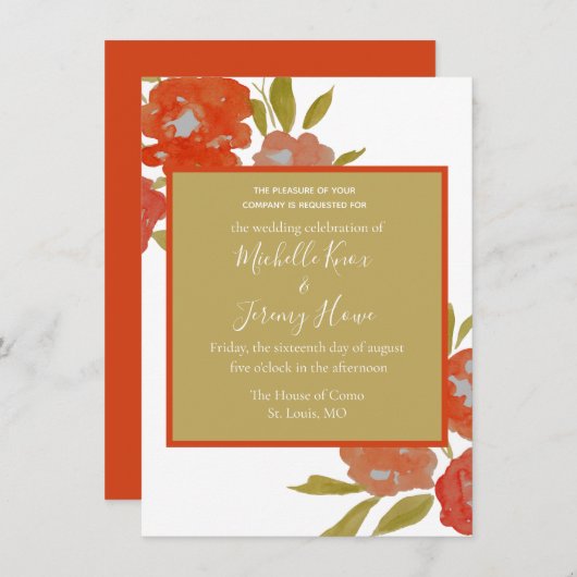 Boheemien rood oranje goud bloem bruiloft kaart (Voorkant / Achterkant)