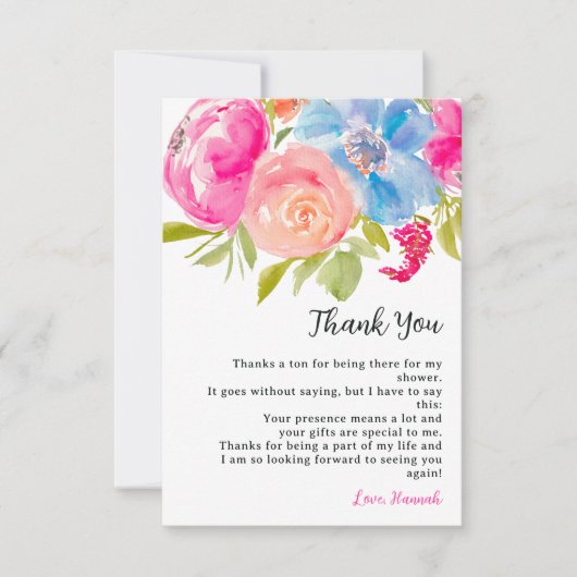 Boheemien roze blauw bloemig waterverf bruidsdiner bedankkaart (Voorkant)