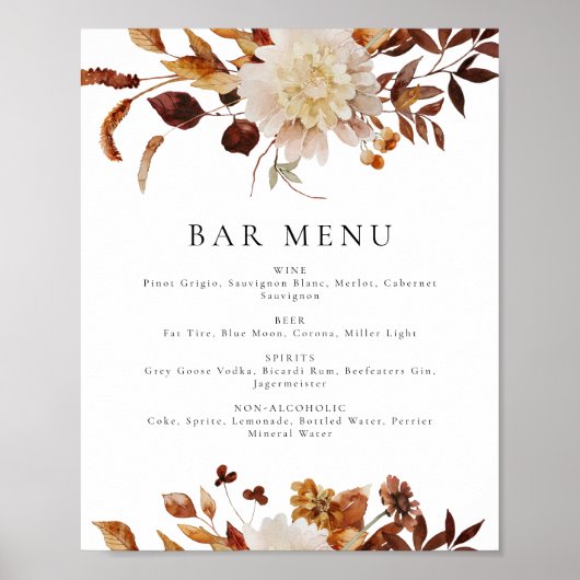 Boheemien Terracotta Herfst Bloemstuk Bar Menu Bor Poster (Voorkant)