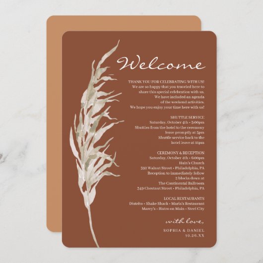 Boheemien Terracotta Trouw Welkom Itinerarium Programmakaart (Voorkant / Achterkant)