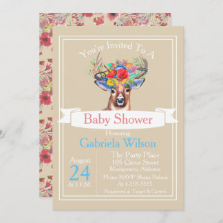 Boheemien Waterverf Bloemachtig Herten Meisje Baby Kaart