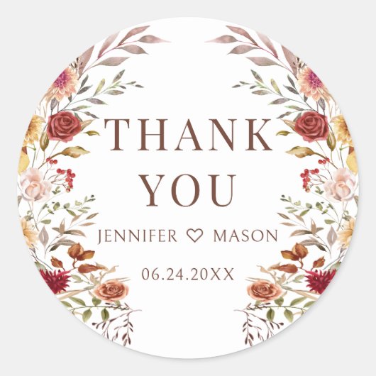 Boheemische Herfst Bloemige Trouw Dank Je Ronde Sticker (Voorkant)