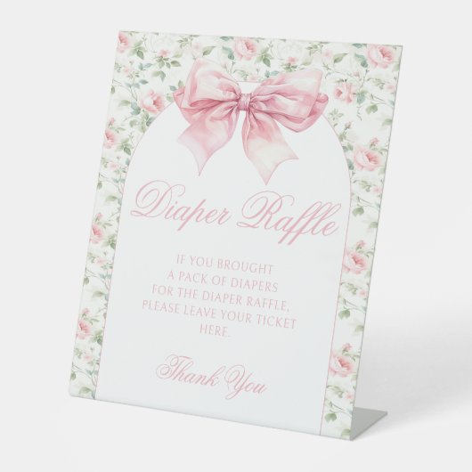 Boheemroze strik babyshower luierraffle reclamebord met voetstuk (Voorkant)