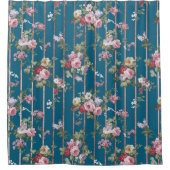 Boheems blauw roze rode bloemen moderne strepen douchegordijn (Voorkant)