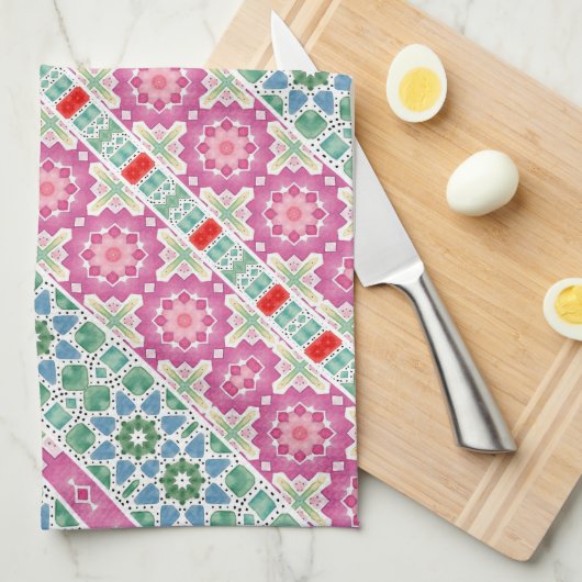 Boheems bloemmozaïekontwerp met Waterverf mozaïek Theedoek (Quarter Fold)