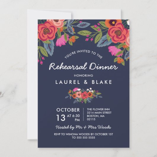 Boheems boeket - Navy Blue repetitie diner Kaart (Voorkant)