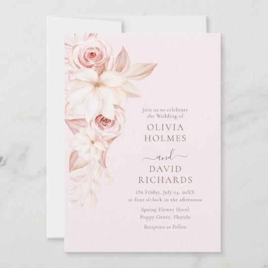 Boheems Bord Roze Rozen Bruiloft Uitnodiging (Voorkant)