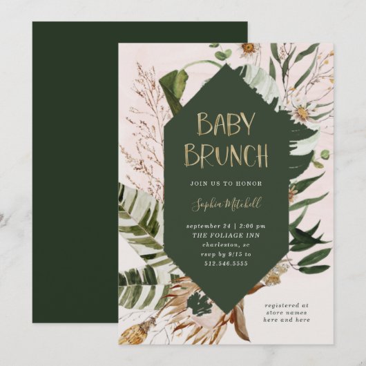 Boheems botanisch gras en pampagras | Baby Brunch Kaart (Voorkant / Achterkant)
