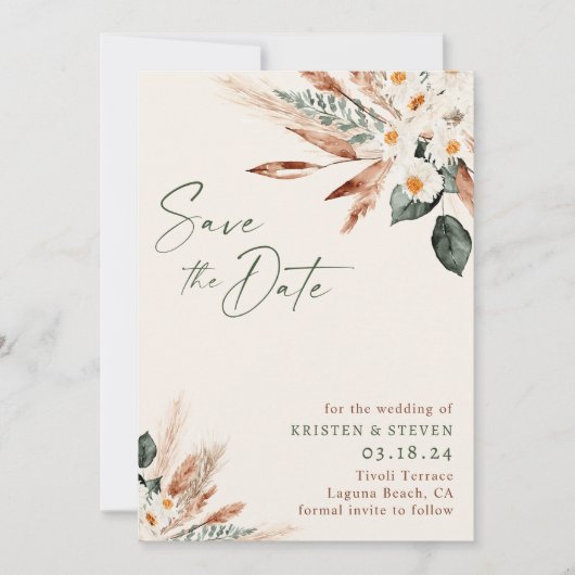 Boheems gedroogd bloemengroen sparen de datum kaart (Voorkant)