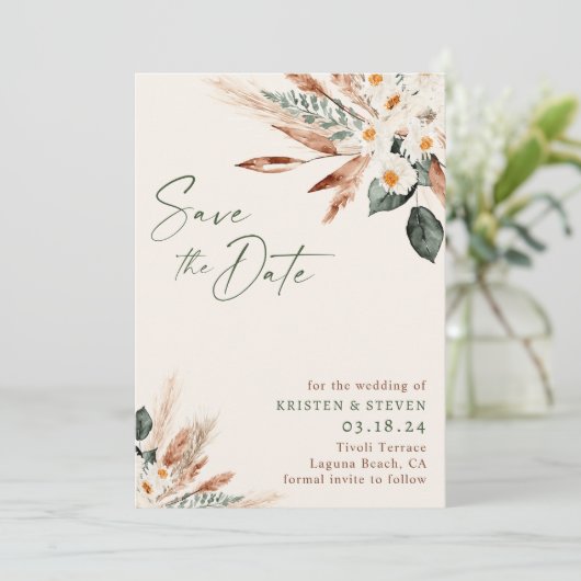 Boheems gedroogd bloemengroen sparen de datum kaart (Staand voorkant)