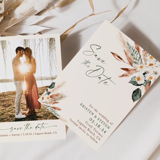 Boheems gedroogd bloemengroen sparen de datum kaart