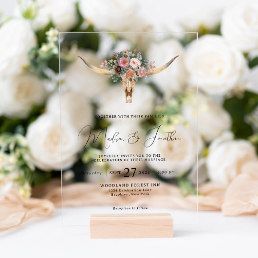 Boheems land Style Floral Bull Skull Weddenschap Acryl Uitnodigingen