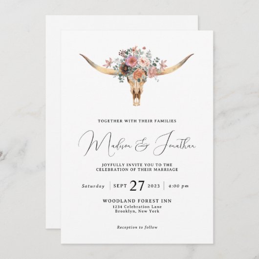 Boheems land Style Floral Bull Skull Weddenschap Kaart (Voorkant / Achterkant)