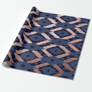 Boheems Roos Gold Navy Blue Ikat Pattern Cadeaupapier