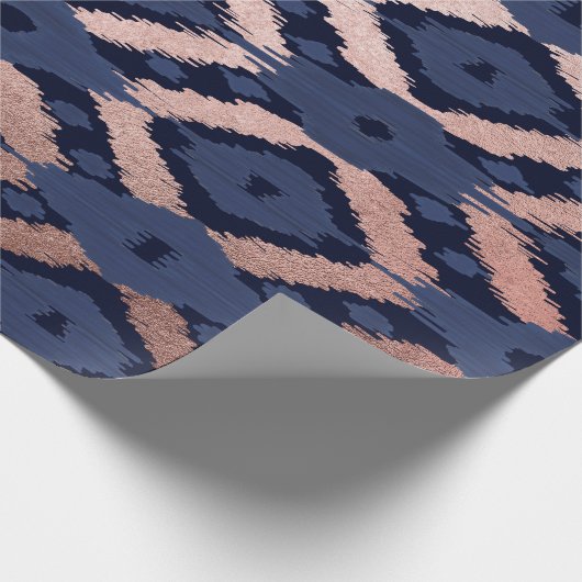 Boheems Roos Gold Navy Blue Ikat Pattern Cadeaupapier (Hoek)