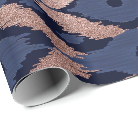 Boheems Roos Gold Navy Blue Ikat Pattern Cadeaupapier (Rol Hoek)