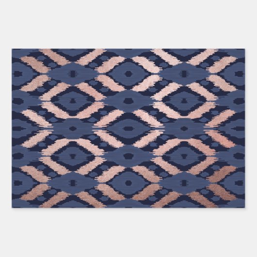 Boheems Roos Gold Navy Blue Ikat Pattern Inpakpapier Vel (Voorkant)