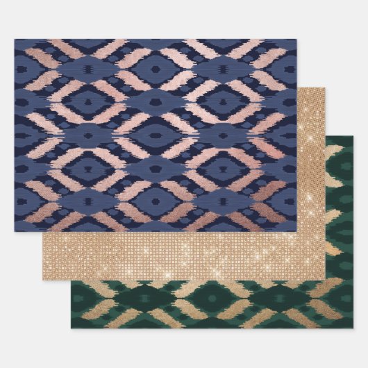 Boheems Roos Gold Navy Blue Ikat Pattern Inpakpapier Vel (Set)