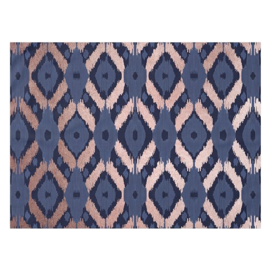 Boheems Roos Gold Navy Blue Ikat Pattern Tafelkleed (Voorkant (Horizontaal))