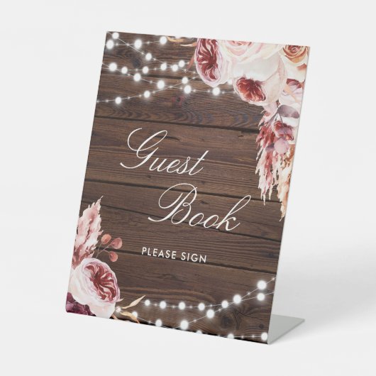 Boheems Roos Rustiek Hout Gastenboek teken Reclamebord Met Voetstuk (Voorkant)