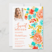 Boheems sinaasappel blauw bloemenfoto chic zoet 16 kaart (Voorkant)