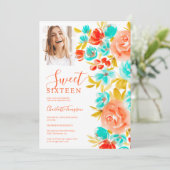 Boheems sinaasappel blauw bloemenfoto chic zoet 16 kaart (Staand voorkant)