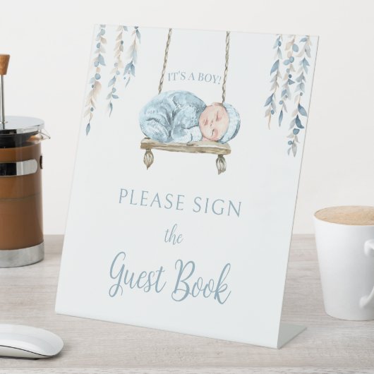 Boheemse blauwe baby jongen douche gastenboek teke reclamebord met voetstuk (Insitu)