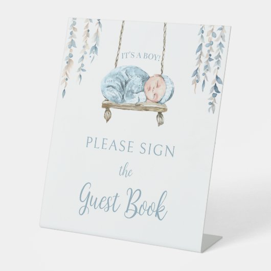 Boheemse blauwe baby jongen douche gastenboek teke reclamebord met voetstuk (Voorkant)