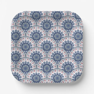Boheemse Blauwe Fan Mandala Tegel Papieren Bordje