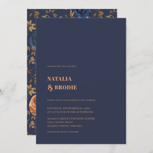 Boheemse Blauwe Rust Bloemen Bruiloft Kaart (Voorkant / Achterkant)