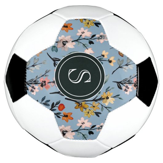 Boheemse Blauwe Waterverf Bloemen Monogrammed Voetbal (Gedraaid)