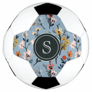 Boheemse Blauwe Waterverf Bloemen Monogrammed Voetbal