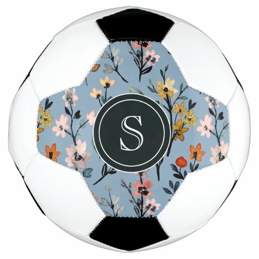 Boheemse Blauwe Waterverf Bloemen Monogrammed Voetbal (Voorkant)