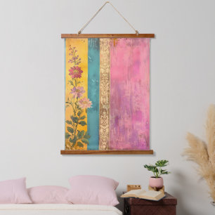Boheemse Bloei – Wilde Bloemen op Gestreepte Canva Hangend Wandkleed