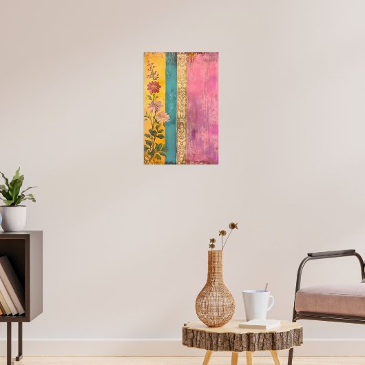 Boheemse Bloei – Wilde Bloemen op Gestreepte Canva Poster (Woonkamer 3)