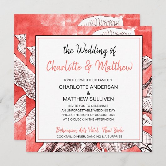 Boheemse Bloem Koraal Tekening Waterverf Bruiloft Kaart (Voorkant / Achterkant)