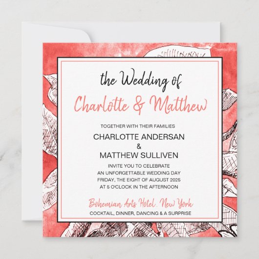 Boheemse Bloem Koraal Tekening Waterverf Trouwdag Kaart (Voorkant)