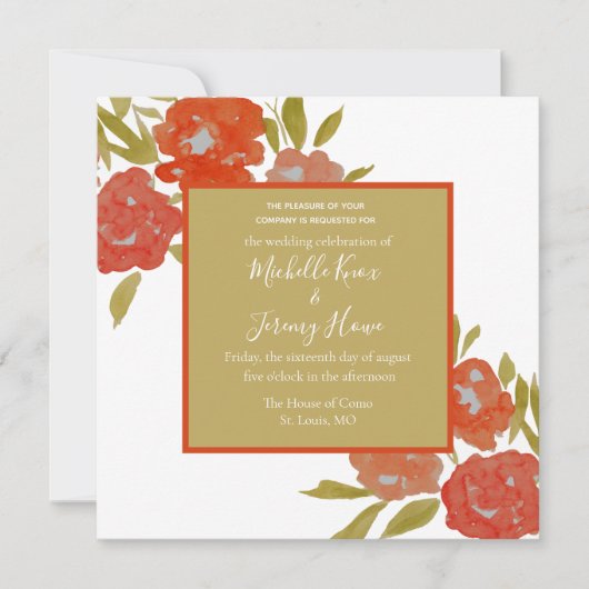 Boheemse bloem rode oranje gouden trouw uitnodigin kaart (Voorkant)