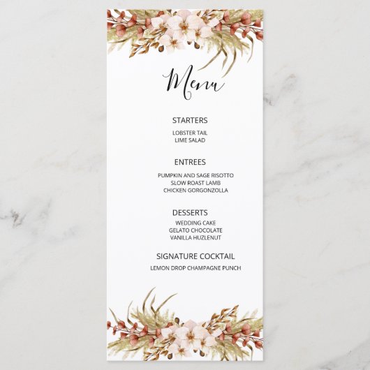 Boheemse bloem terracotta bruiloft menu (Voorkant)