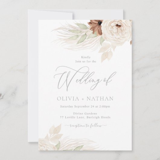 Boheemse Bloemen Beige & Ivoren bruiloft Kaart (Voorkant)