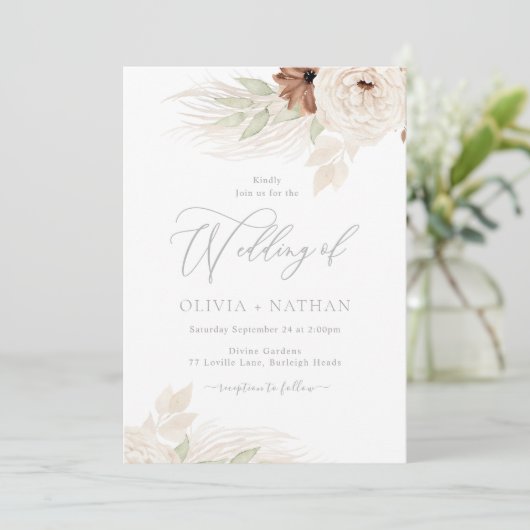 Boheemse Bloemen Beige & Ivoren bruiloft Kaart (Staand voorkant)
