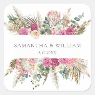 Boheemse Bloemen Blush Roos Waterverf Vierkante Sticker