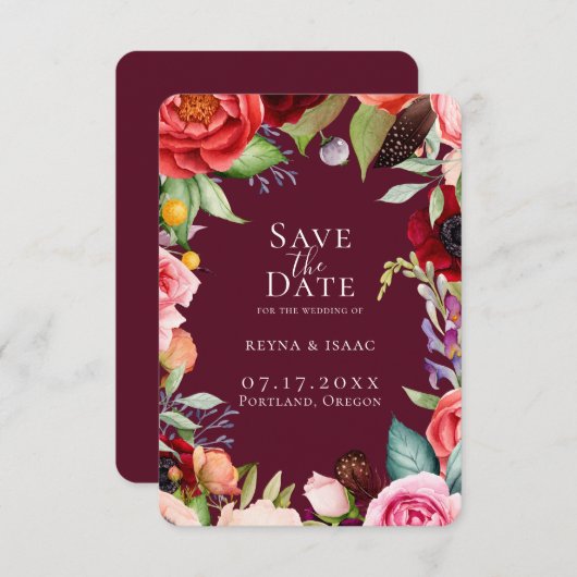 Boheemse Bloemen Bordeaux Bewaar de Datum Aankondiging (Voorkant / Achterkant)