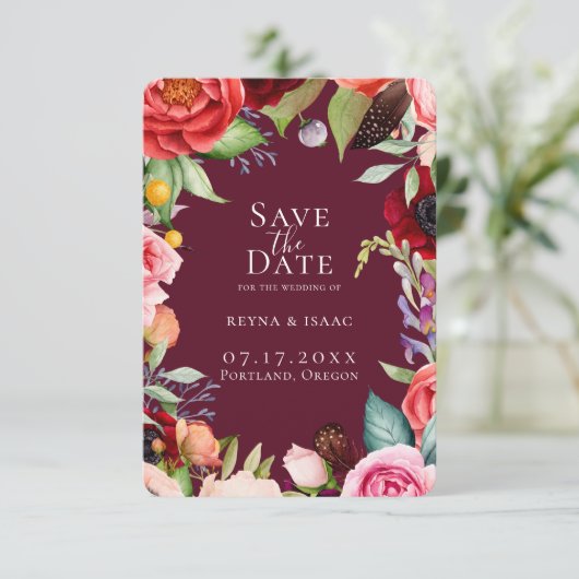 Boheemse Bloemen Bordeaux Bewaar de Datum Aankondiging (Staand voorkant)
