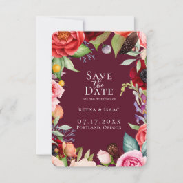 Boheemse Bloemen Bordeaux Bewaar de Datum Aankondiging