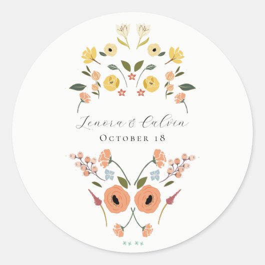 Boheemse Bloemen Bruiloft Ronde Sticker (Voorkant)