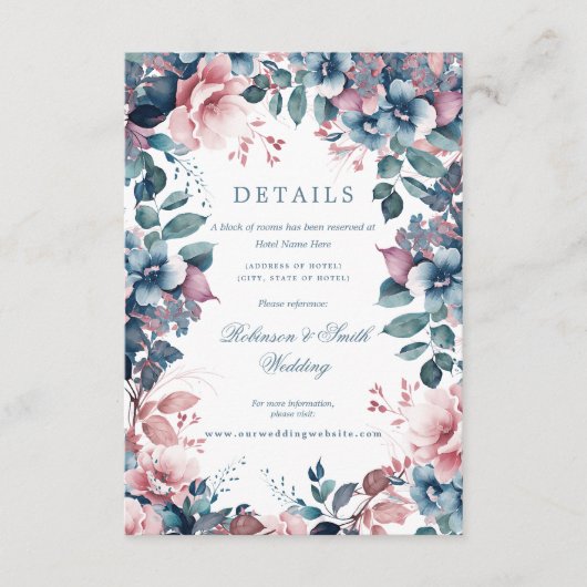 Boheemse Bloemen Dusty Blue Wedding Details Informatiekaartje (Voorkant)