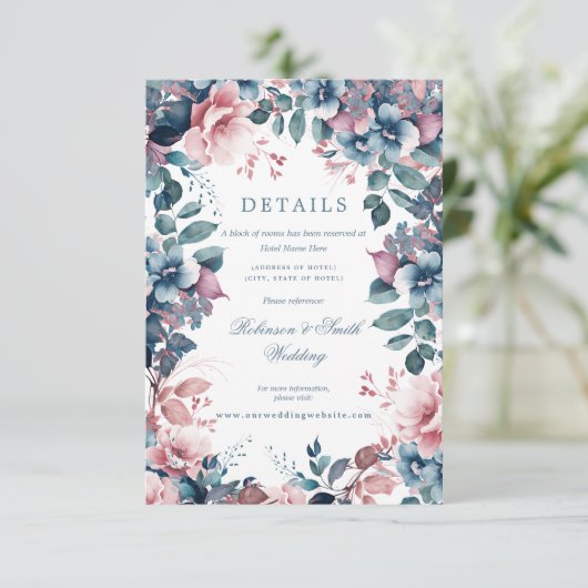 Boheemse Bloemen Dusty Blue Wedding Details Informatiekaartje (Staand voorkant)
