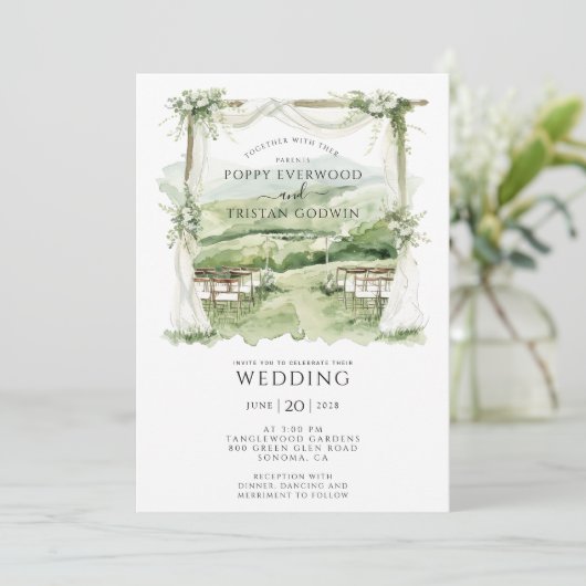 Boheemse Bloemen Groen Zomerboog Bruiloft Kaart (Staand voorkant)